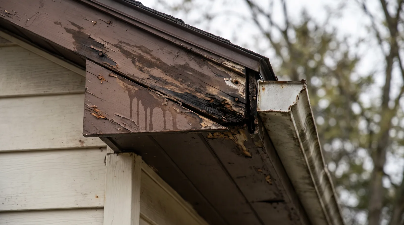 Weathered wooden fascia and soffit with water stains, rot damage, and separation from siding and gutters