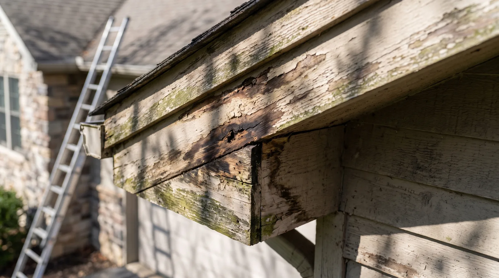 Overhead close-up of damaged roof fascia and soffit boards showing weathered wood, water damage, and deterioration with