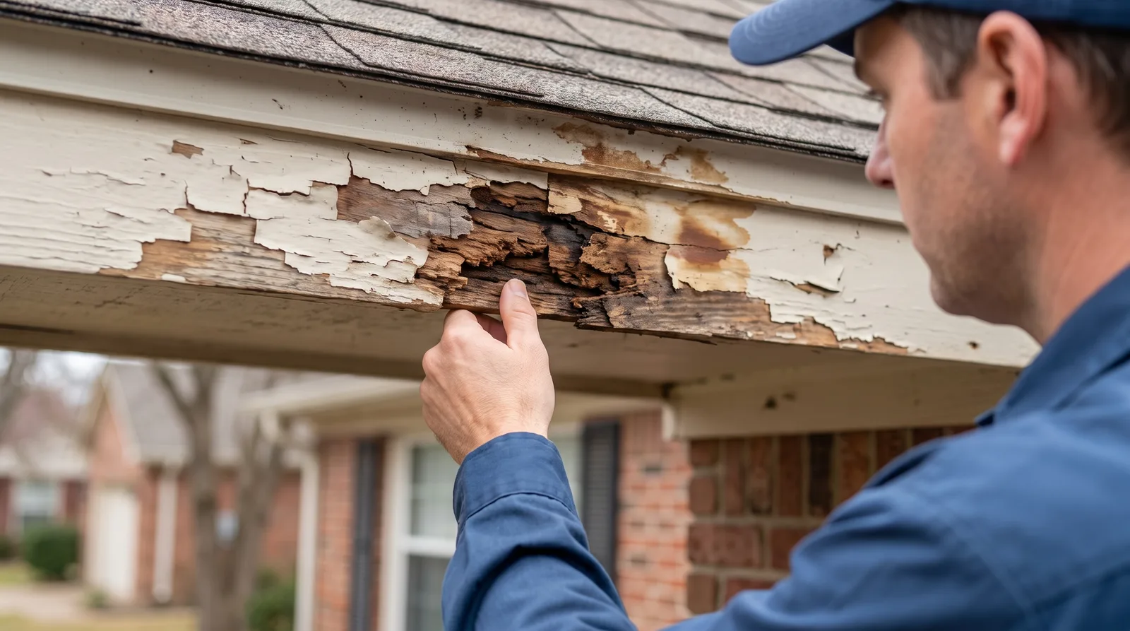 Close-up of damaged residential fascia and soffit showing peeling paint, wood rot, and water staining with contractor