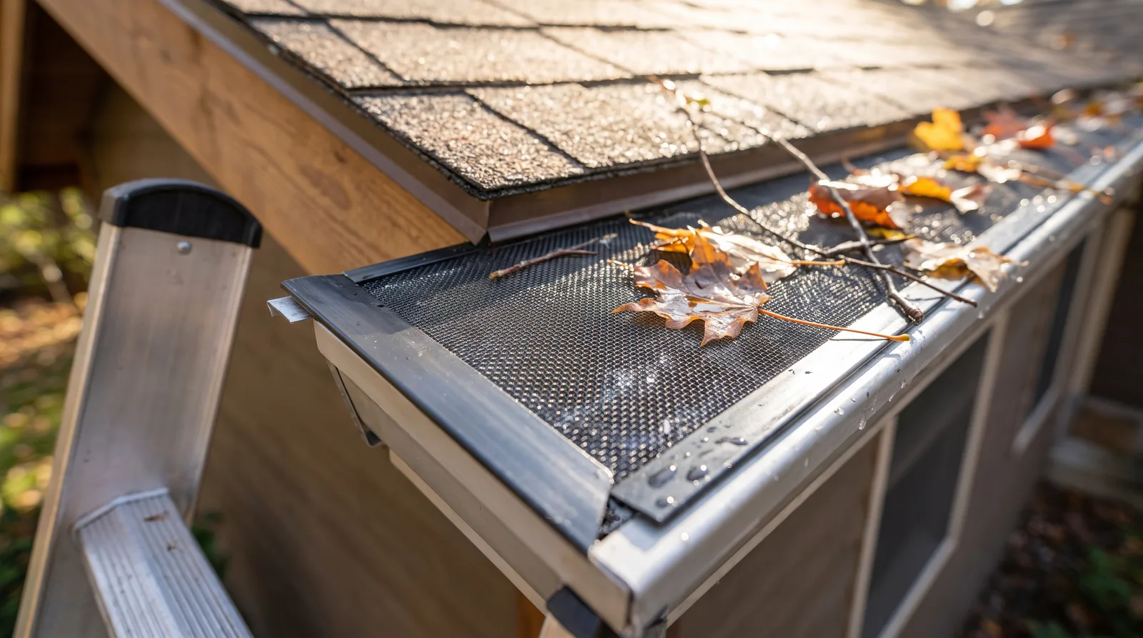 Close-up of gutter guard mesh installed in a residential gutter along a roofline, with debris filtering visible and