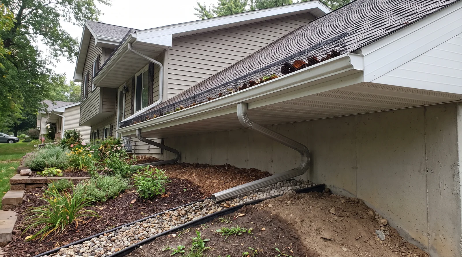 Residential home exterior with installed gutter guards, downspouts, fascia, soffits, and proper grading showing