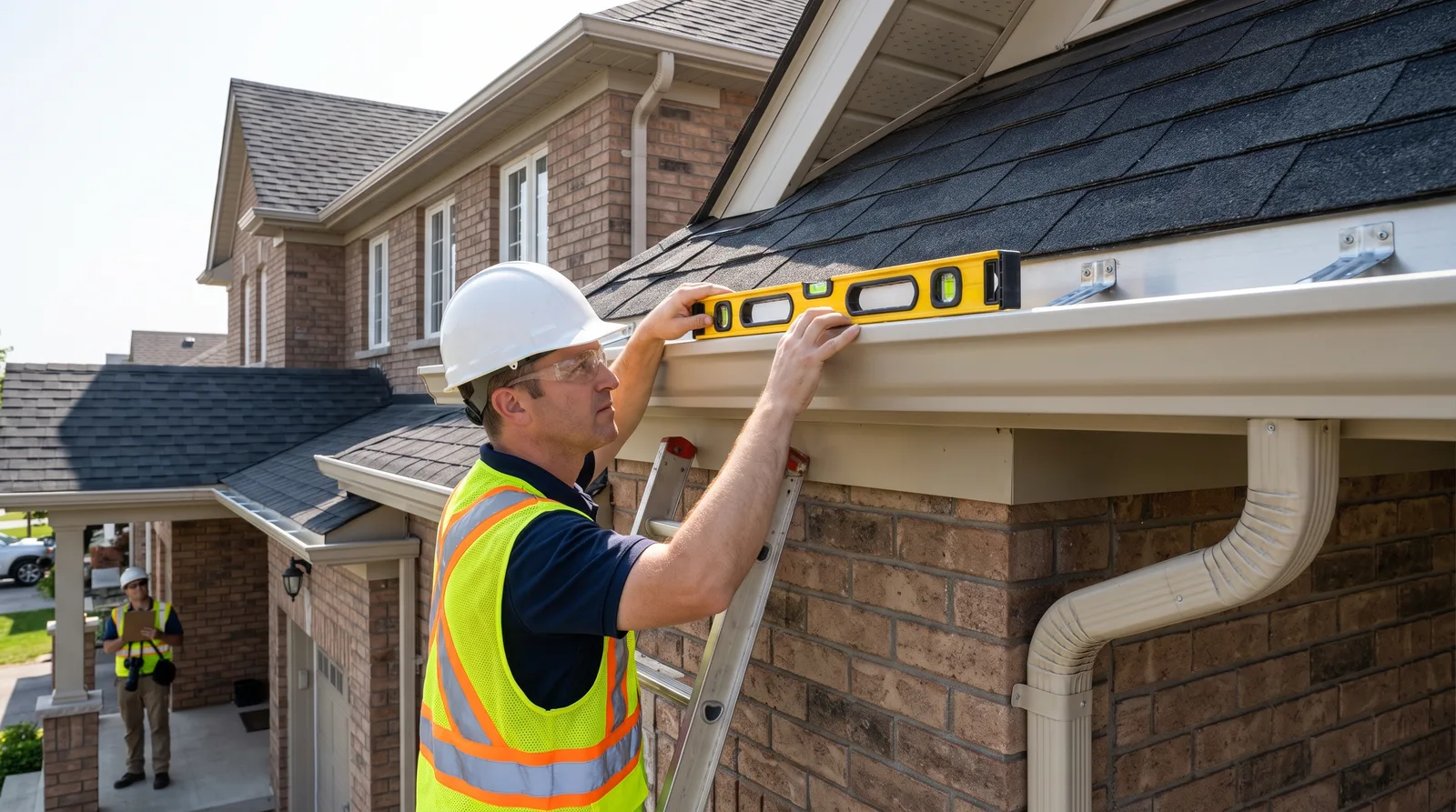 Professional inspector examining newly installed aluminum gutters and downspouts on a residential roofline with level