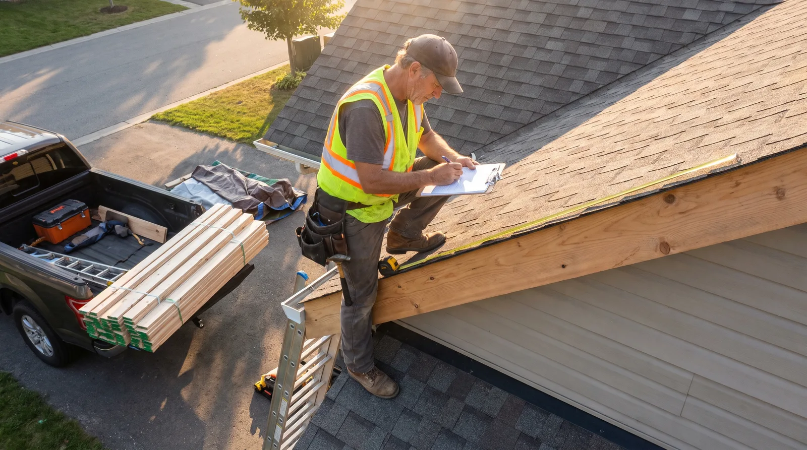 Contractor on roofline measuring fascia with tape measure and clipboard, materials and tools organized below, sunlit