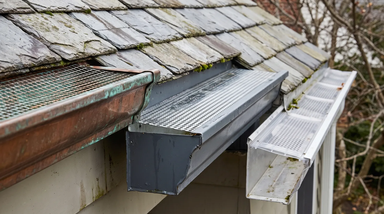 Close-up of residential roofline with aluminum, steel, and copper gutters installed side-by-side with guard systems in