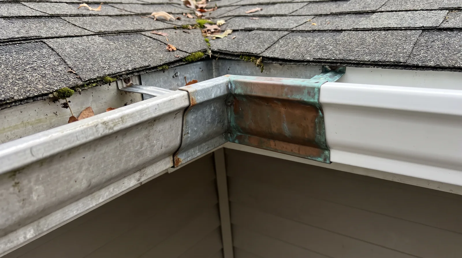 Overhead view of residential roofline with aluminum, steel, copper, and vinyl gutter sections installed side by side