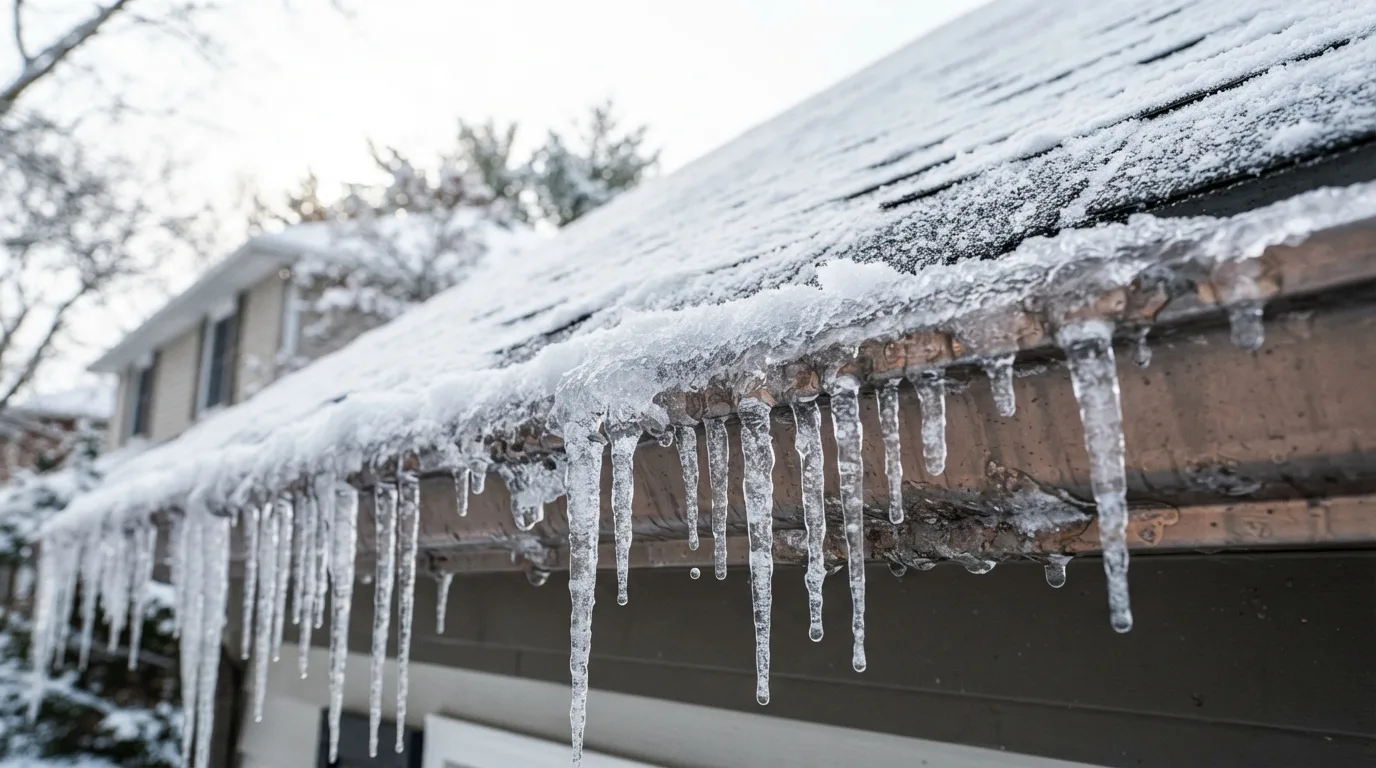 Close-up of residential roofline in winter with icicles hanging from gutters, snow-covered shingles, and frozen buildup