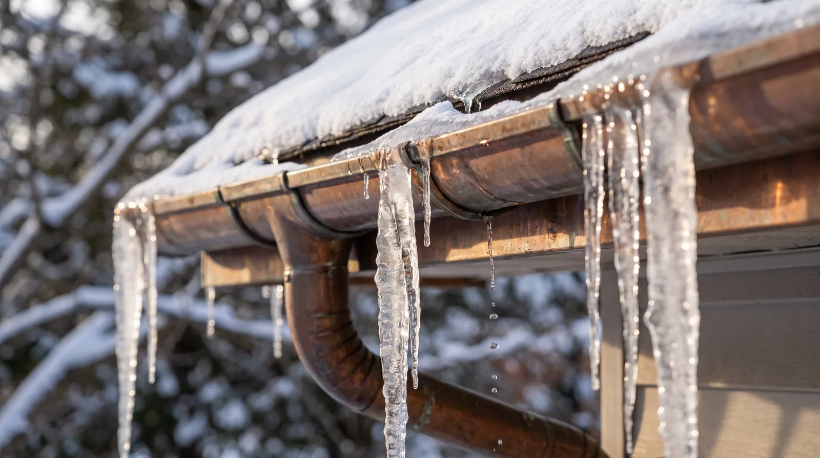 Close-up of residential roof edge with icicles hanging from metal gutter during winter, ice formations glinting in