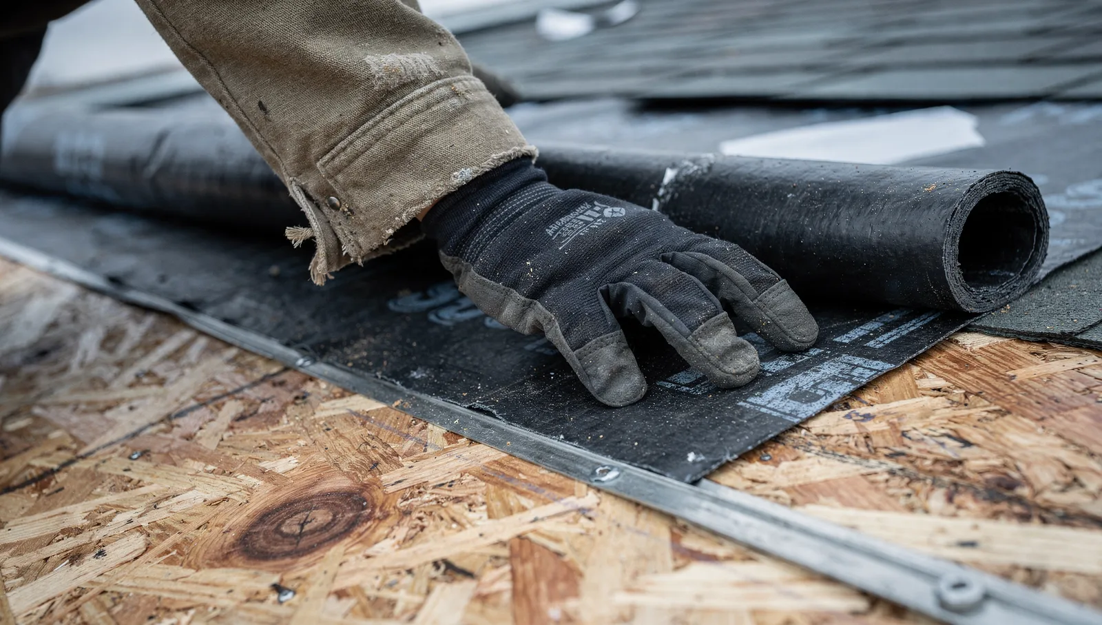 Gloved hands pressing a self-adhering ice-and-water shield membrane onto plywood roof decking along an eave edge.