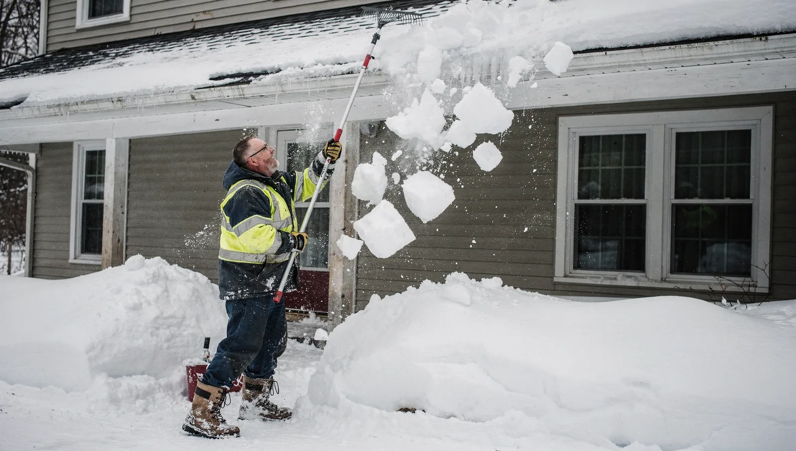 A worker using a long-handled roof rake to clear heavy snow from the eaves of a two-story home in winter.