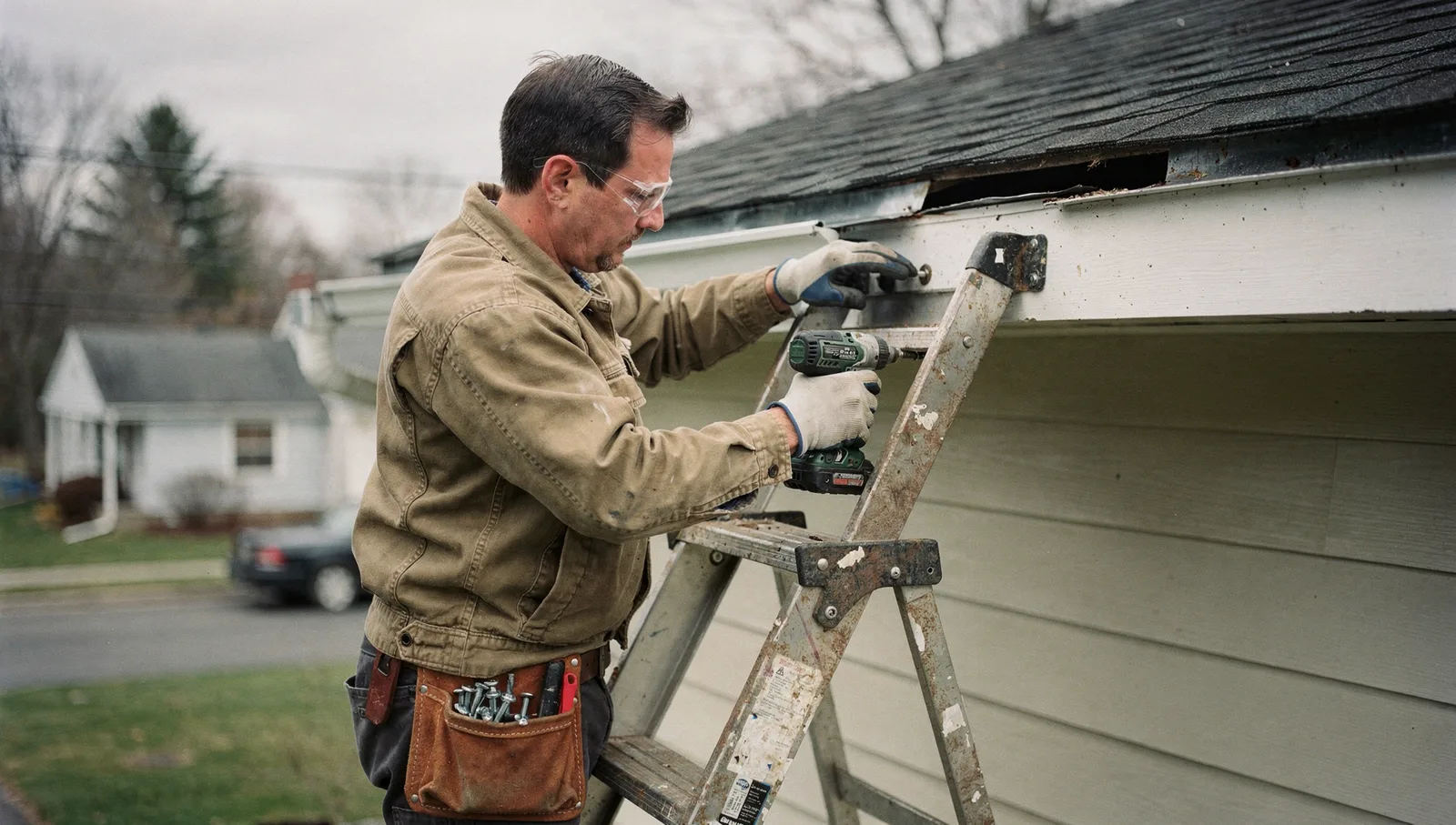 A technician on a ladder drives a screw into a hidden hanger to secure a sagging aluminum gutter to a fascia board.