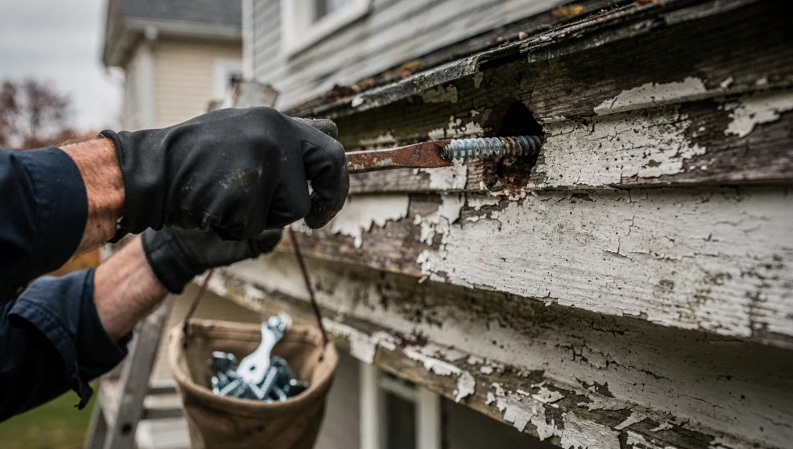 A technician using a pry bar to remove an old corroded spike from a weathered wood fascia board on a house.