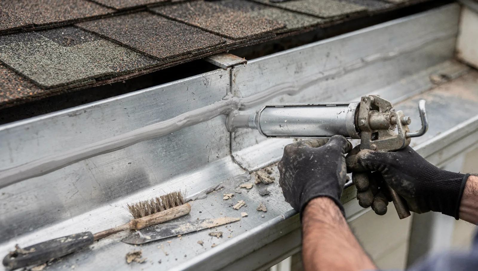 Gloved hands applying waterproof sealant with a caulk gun along an aluminum gutter corner seam.