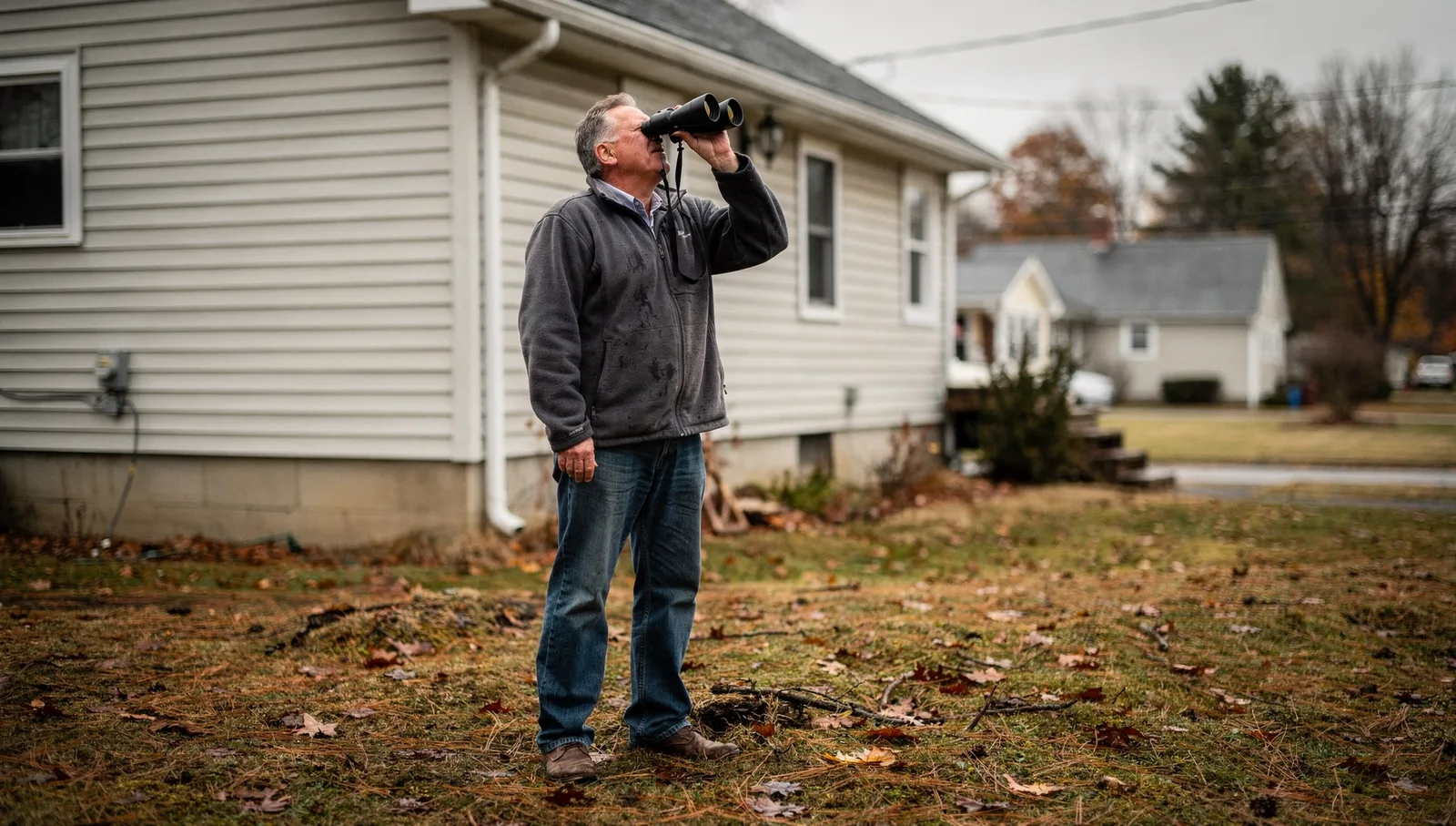 A person in a yard looking up at a two-story house's gutters through binoculars on an overcast autumn day.