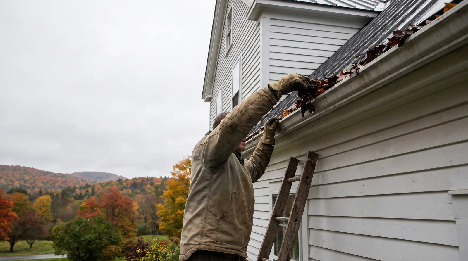 Homeowner in work gloves inspecting gutters on colonial-style house in autumn, with fall foliage visible and leaves in