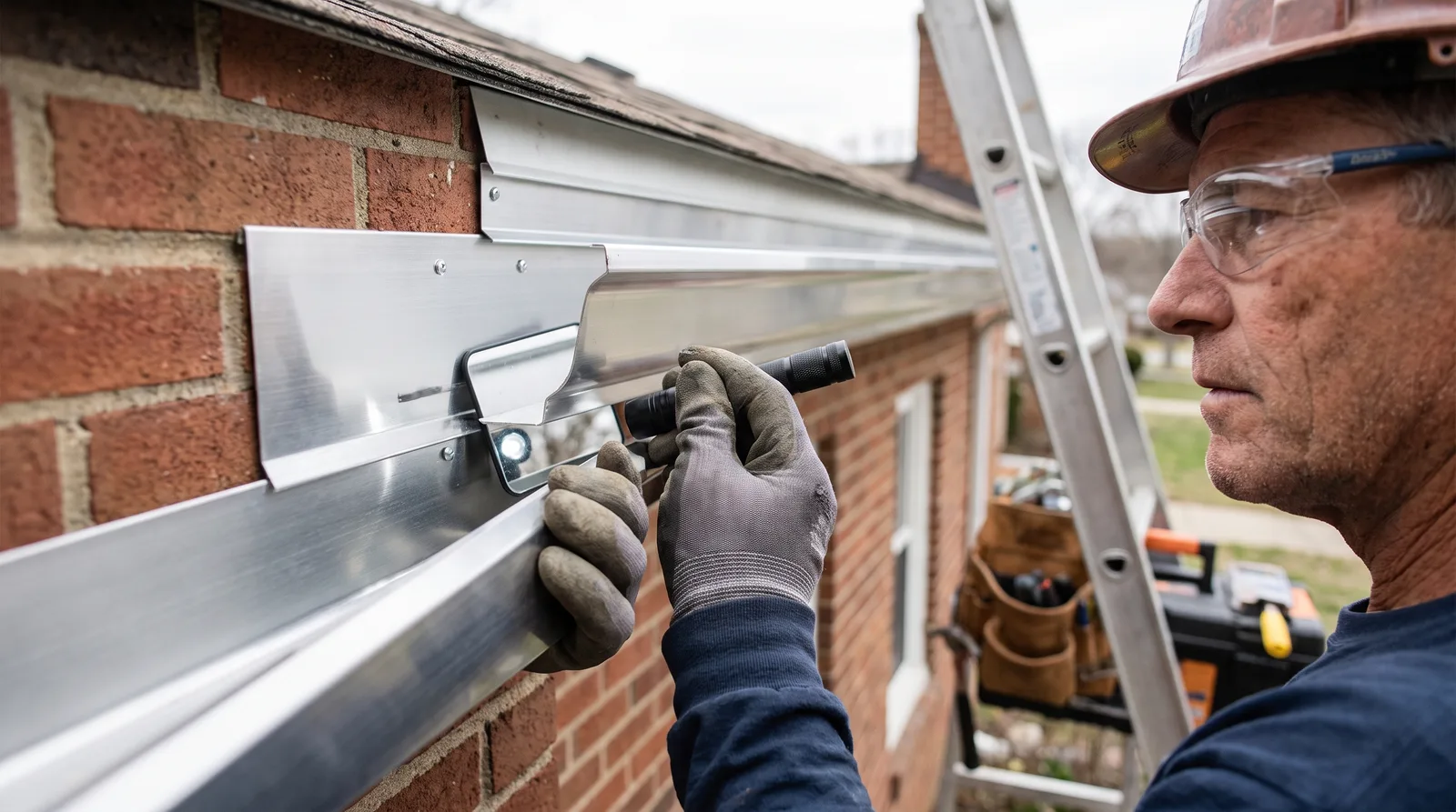 Contractor in safety gear inspecting aluminum gutters on residential home with ladder and tools visible, demonstrating