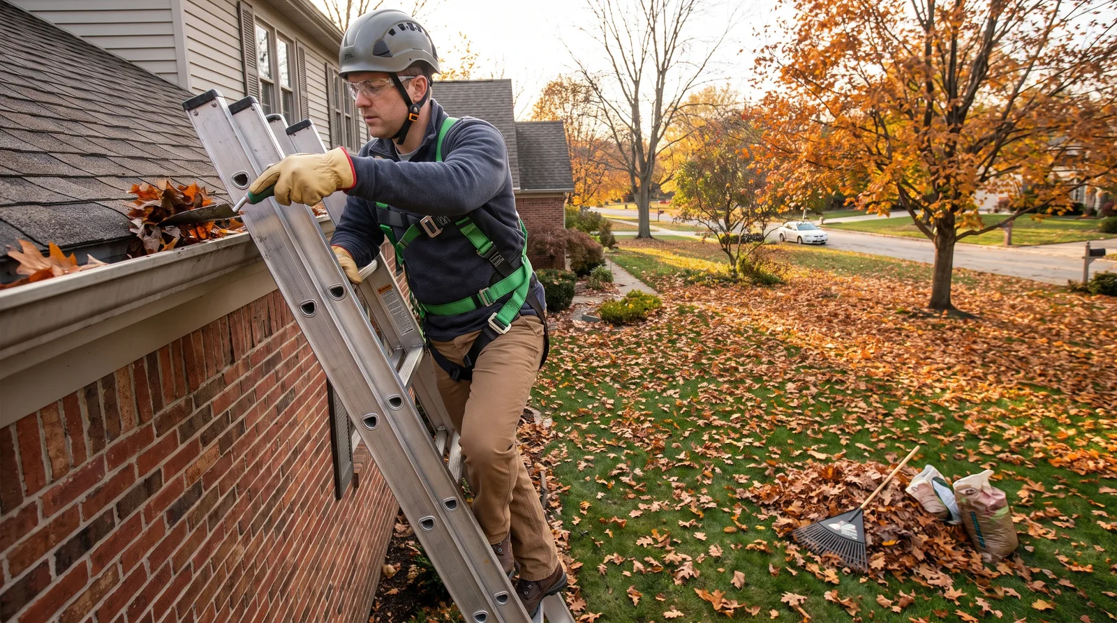 Homeowner on ladder wearing gloves and safety gear cleaning gutters with hand tool on residential house during daytime.