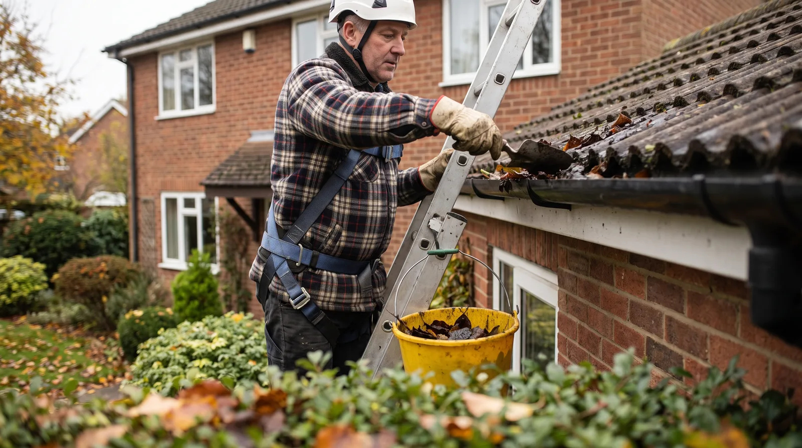 Homeowner wearing gloves and safety gear cleaning gutters from sturdy ladder against house exterior, with debris and