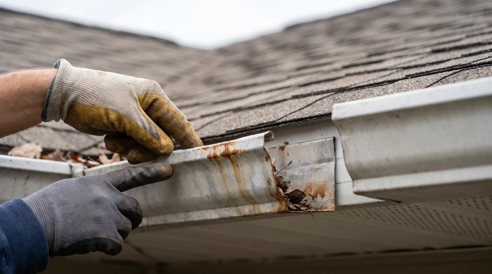 Close-up of gutter system showing rust, debris buildup, and sagging metal with gloved hand pointing to damage areas.