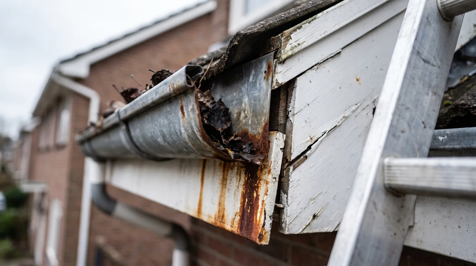 Close-up of residential gutters showing rust streaks, debris, and separation from fascia board during inspection.