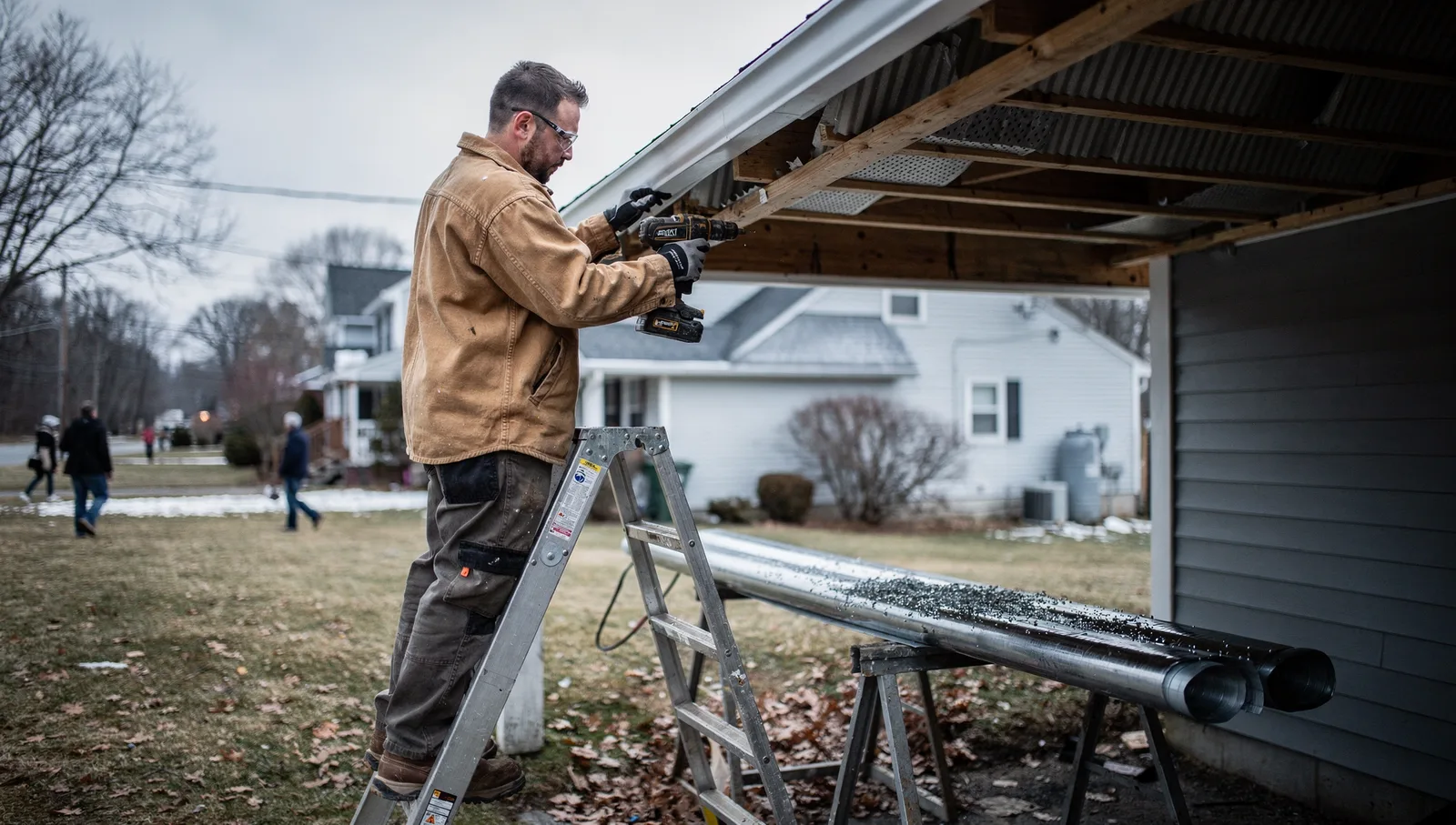 A contractor on a stepladder fastens a perforated aluminum soffit vent panel beneath a house eave.