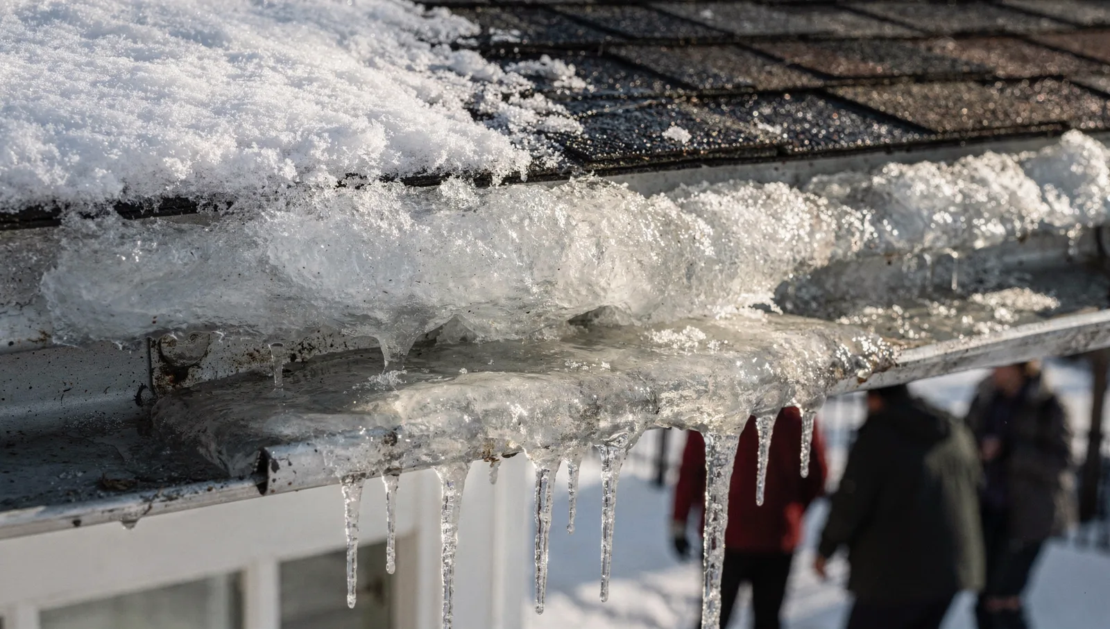 Thick ice dam and icicles filling a metal gutter along a snow-covered shingle roof edge with trapped meltwater.