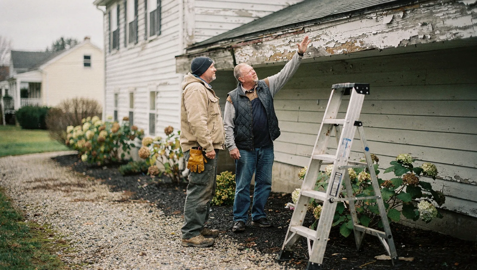 A contractor and homeowner look up and point toward weathered roof fascia on a two-story house.