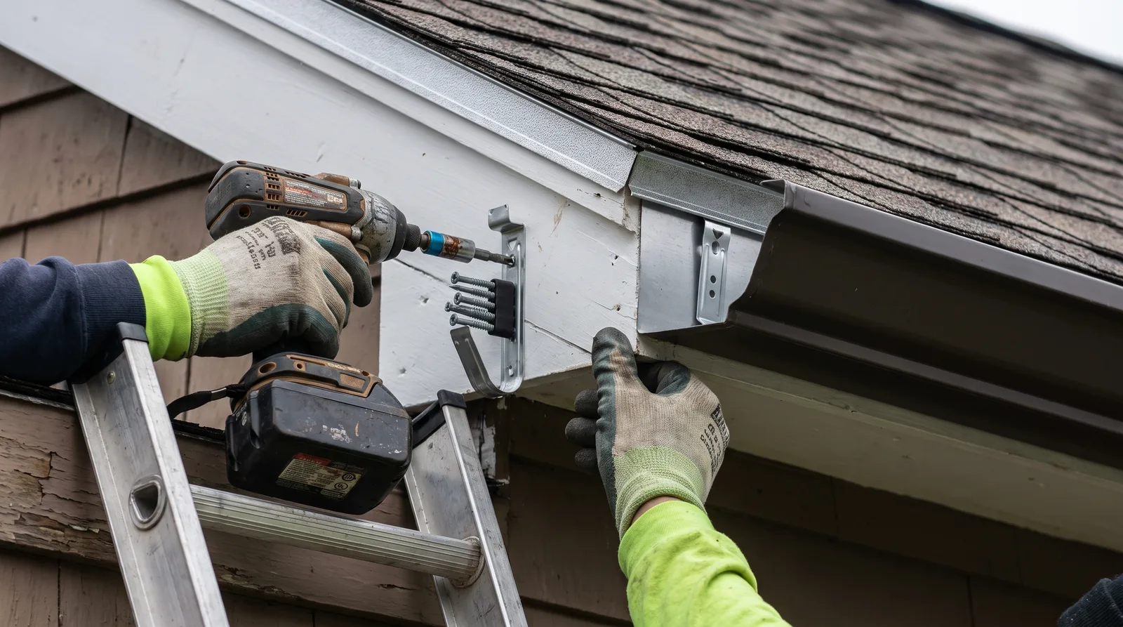 Installer securing a seamless gutter hidden hanger into white fascia board using a cordless impact driver.