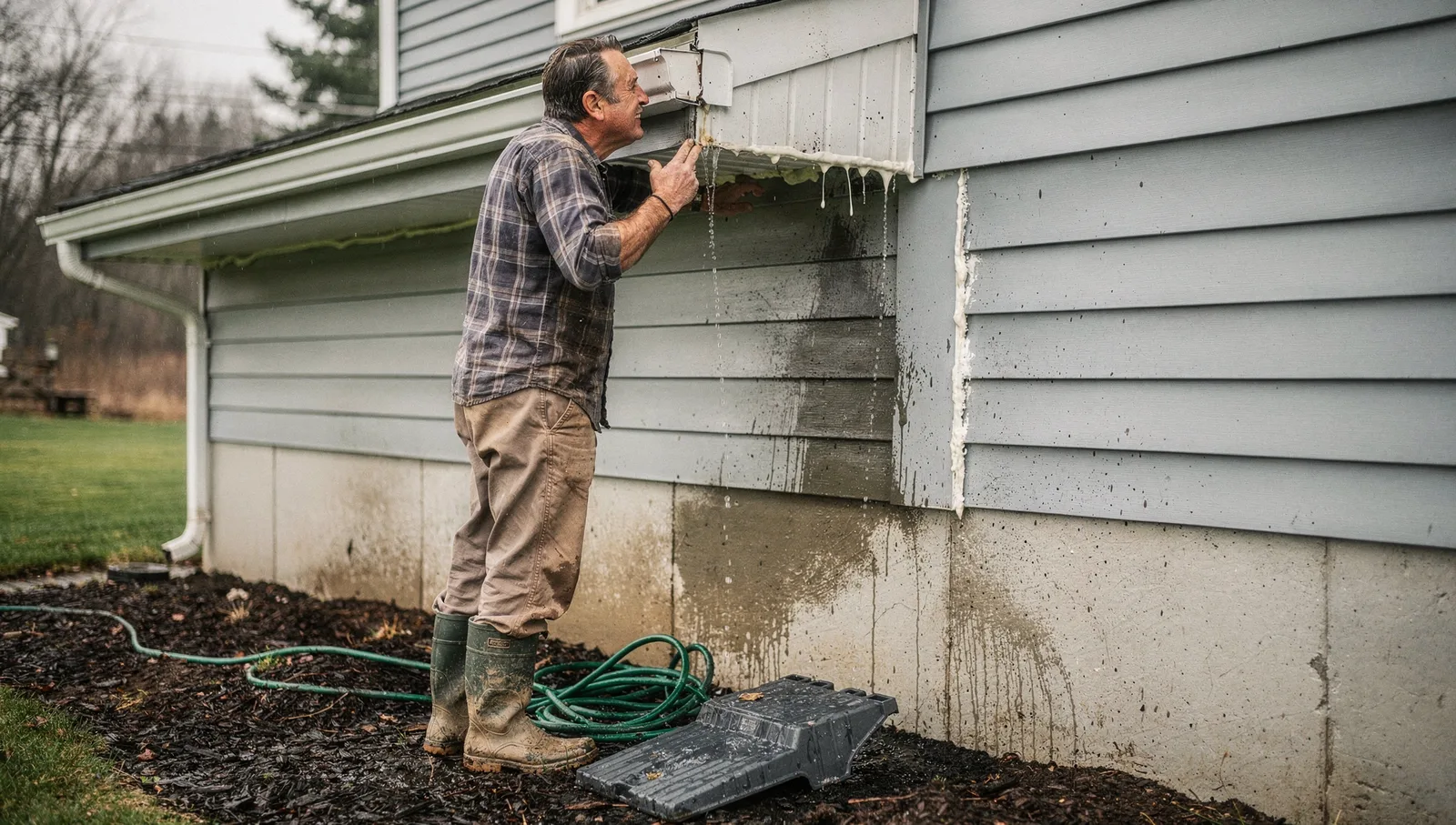 A homeowner inspecting a leaking, overflowing corner gutter seam that drips water down house siding onto the ground.