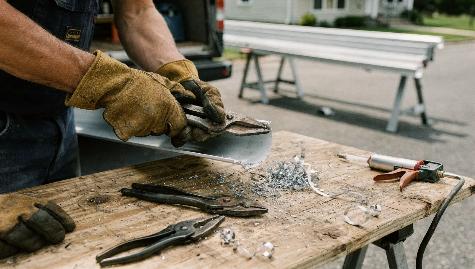 Gloved hands using tin snips to cut an aluminum downspout elbow on a work table with gutters in the background.