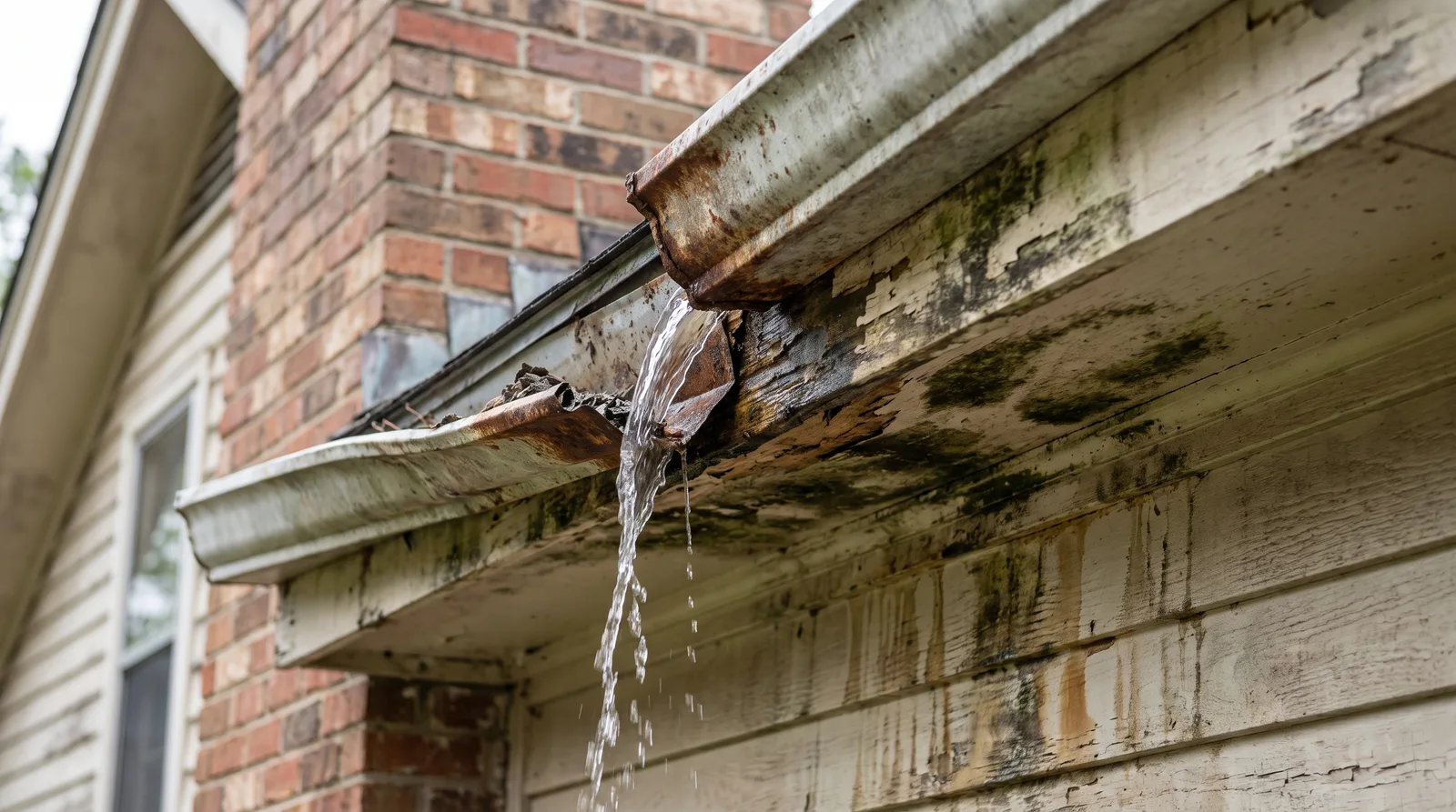Water overflowing from damaged residential gutter with wood rot, mold, and water damage visible on fascia and siding