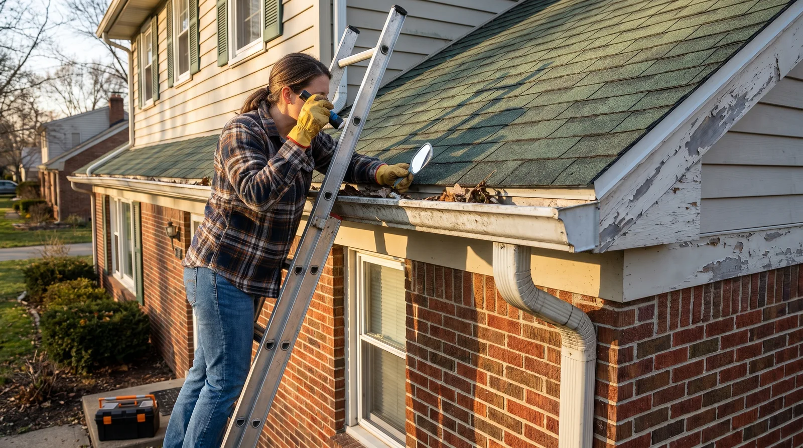 Homeowner on ladder inspecting metal gutters along roofline of residential house.