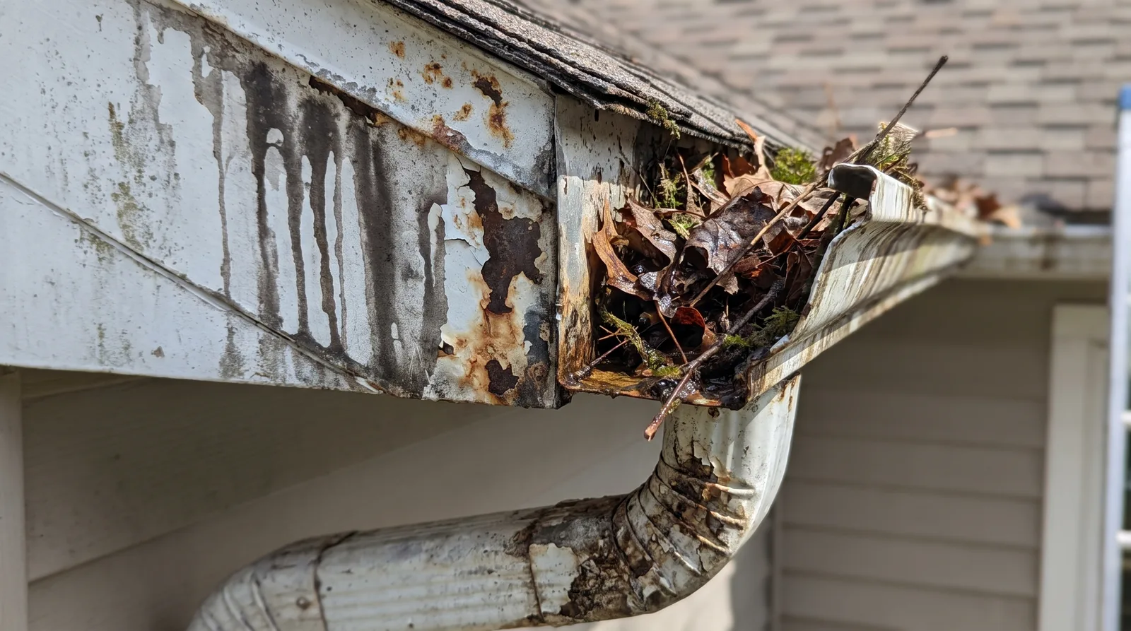 Close-up of damaged residential gutter showing rust, debris, water staining, and deterioration along roofline