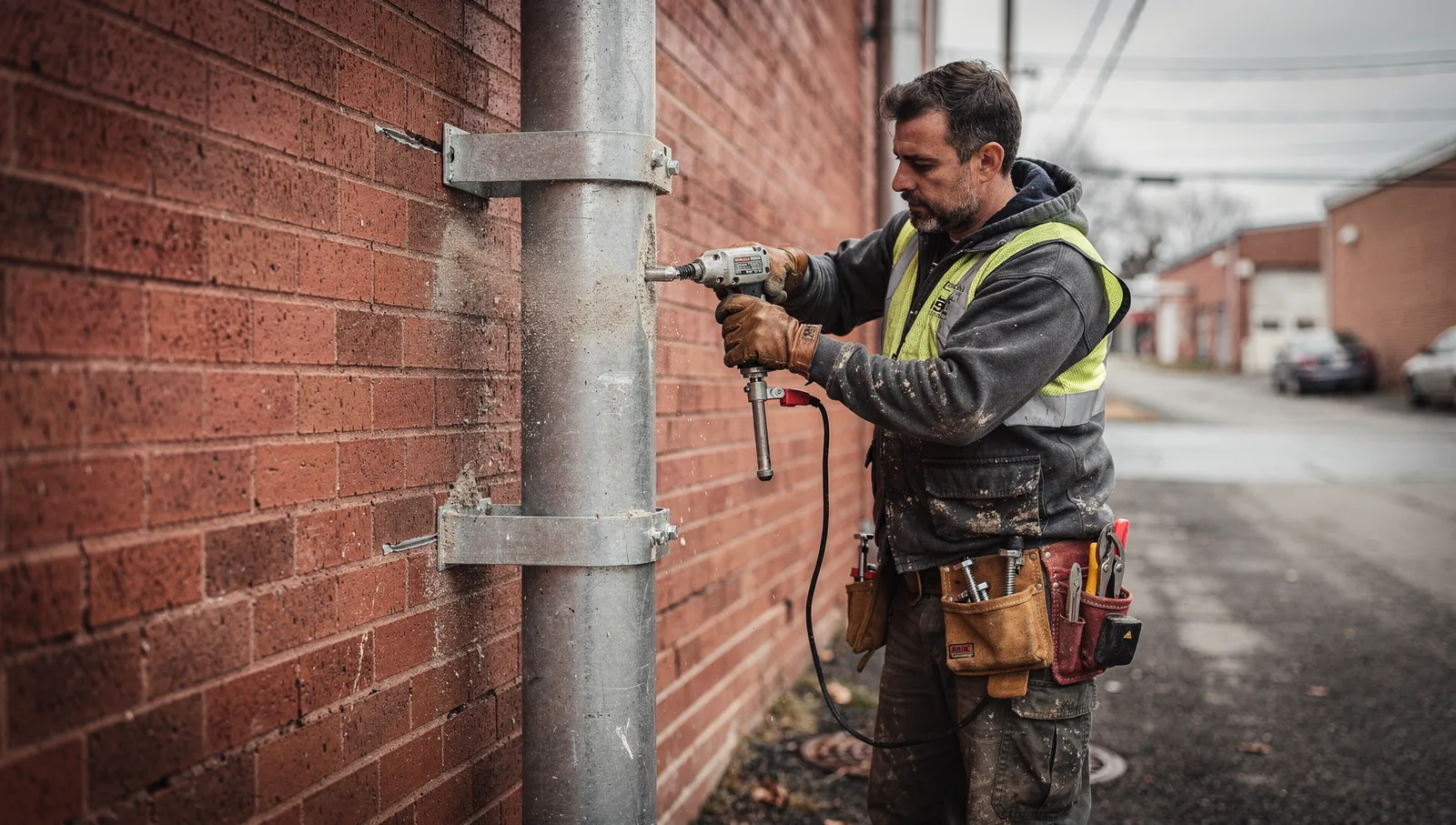 Installer mounting a galvanized steel downspout bracket onto a commercial brick wall using a masonry driver.