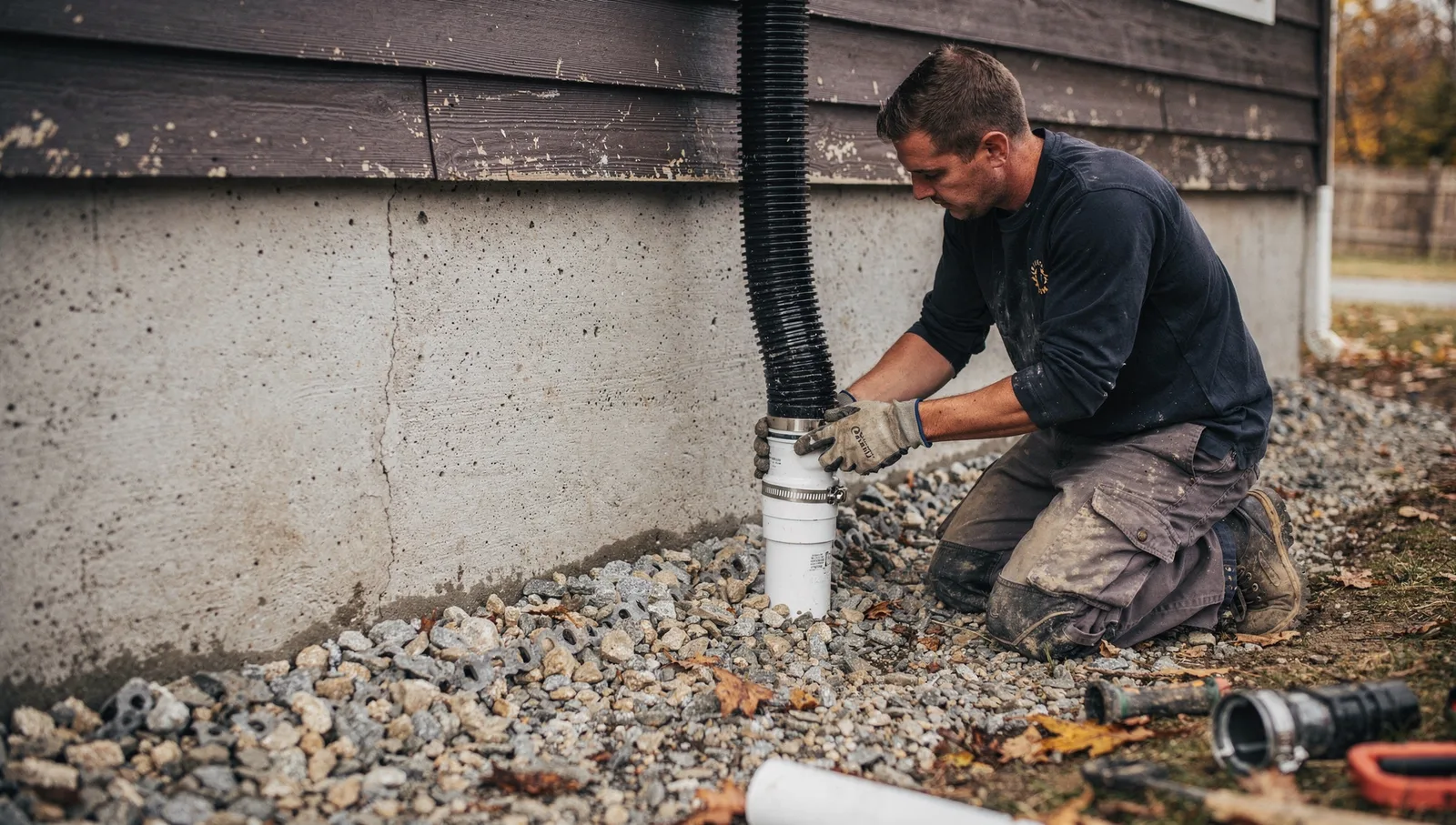 Worker connects a corrugated downspout elbow to an underground PVC drainage pipe by a home's foundation.